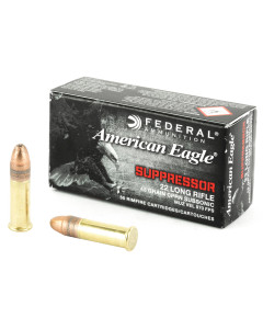 Federal American Eagle, Suppressor Ammunition, 22LR, 45 Grain, Copper Plated Lead Round Nose, 50 Round Box AE22SUP1