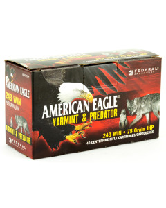 Federal American Eagle Varmint & Predator, 243 Win, 75 Grain, Jacketed Hollow Point, 40 Round Box AE24375VP